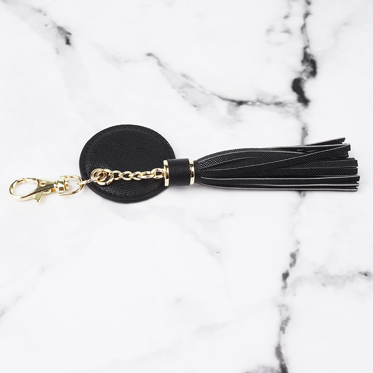 Genuine saffiano leather circle round shape keyring, personal keyring with tassel