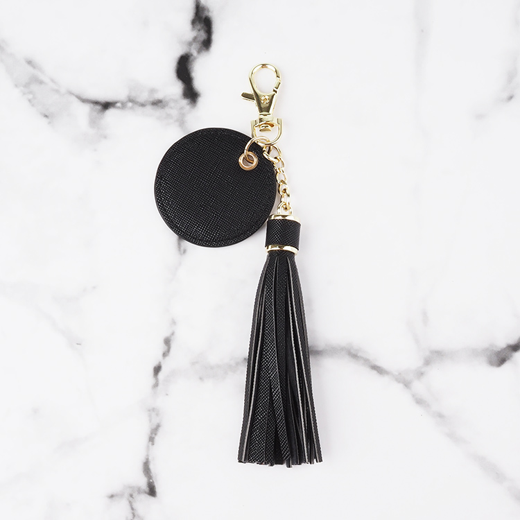 Genuine saffiano leather circle round shape keyring, personal keyring with tassel
