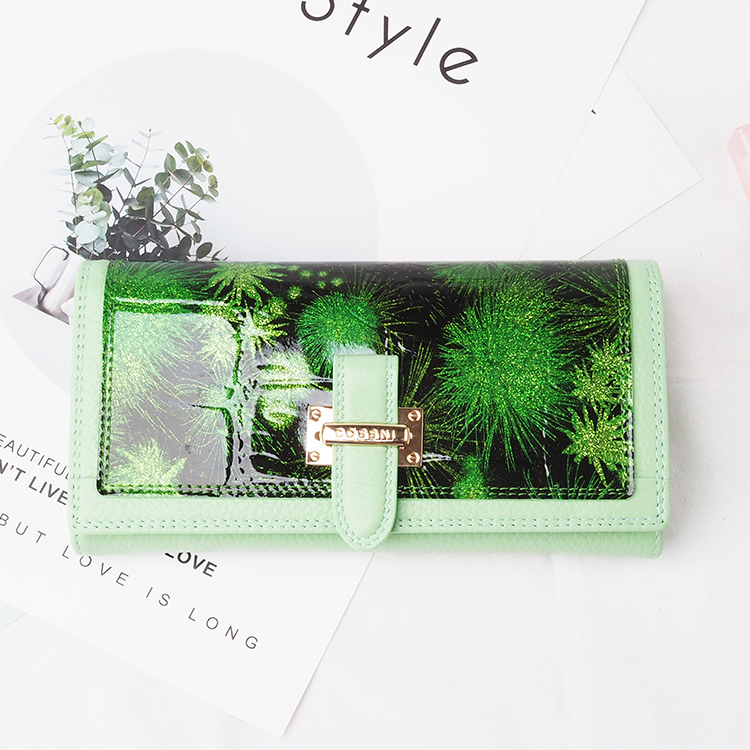 New design green long OEM Patent Leather Wallet
