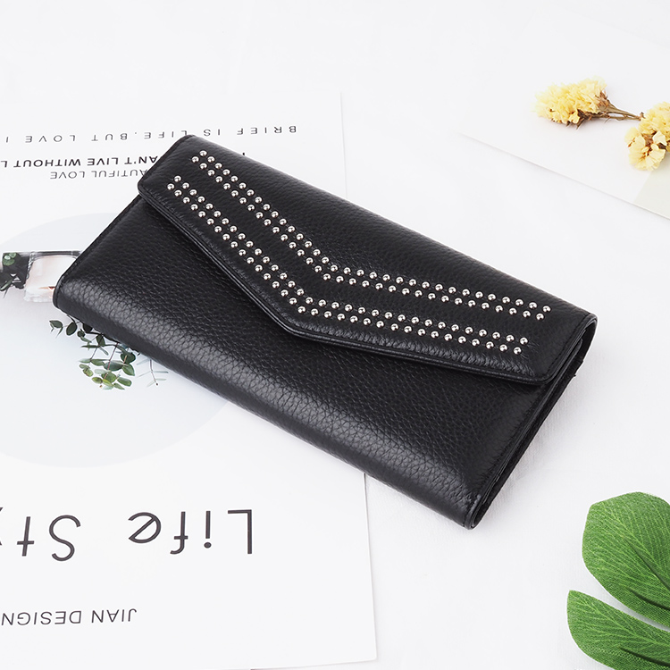 Black fashiona genuine Leather factory wholesale  Women Long Wallet