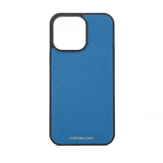 iPhone 13 14 Pro Max Blue Saffiano Leather Case