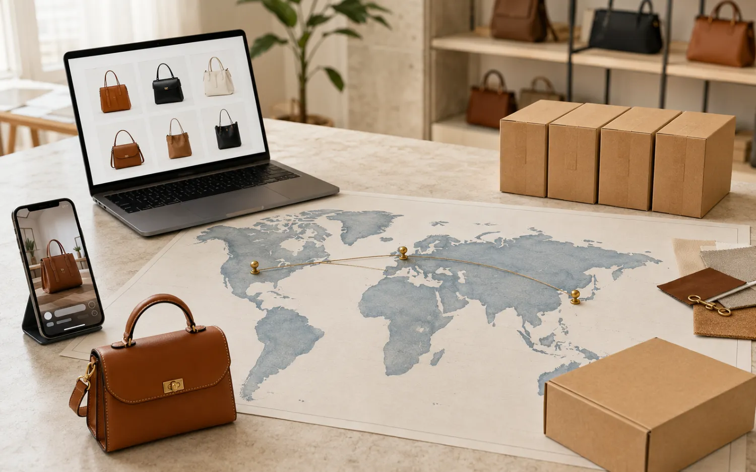 Business partners shaking hands in a modern showroom with leather bags displayed in the background