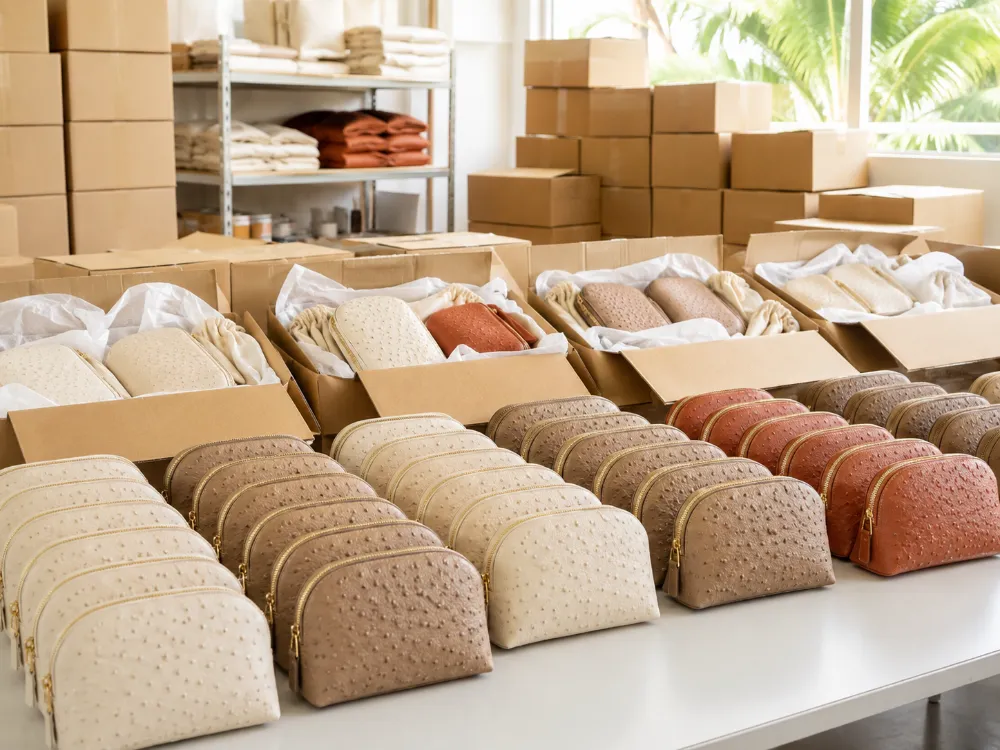 Neatly stacked finished bags on warehouse shelves with visible tags, cool blue and white tone warehouse environment