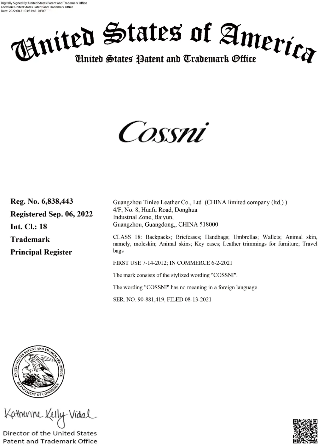 Trademark certificate